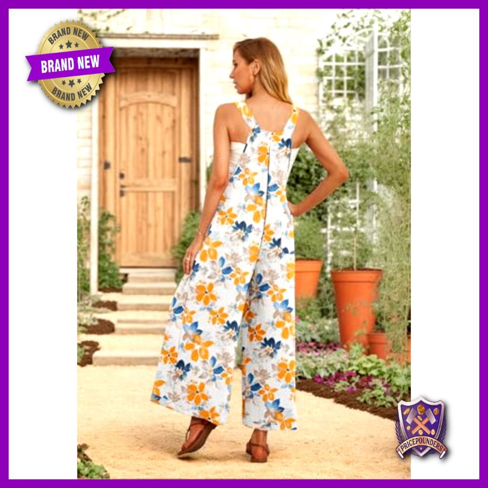 Wide Leg Jumpsuit Overalls with Pockets, 100% Polyester, Loose Fit - Picture 2 of 7
